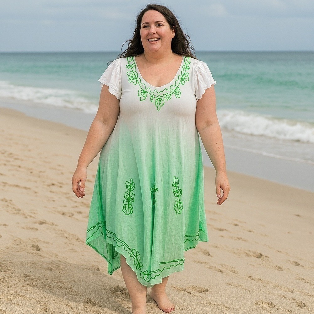 Ashley Taylor Rayon Dress Womens 1X Green Ombre Embroidery Boho Resort Beach